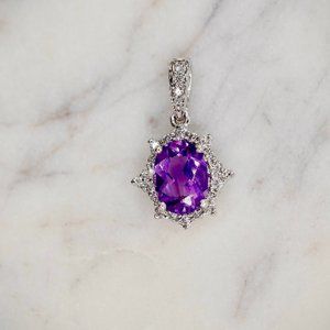Diamond .16Ctw & Amethyst 1.18Ctw Pendant 14k White Gold